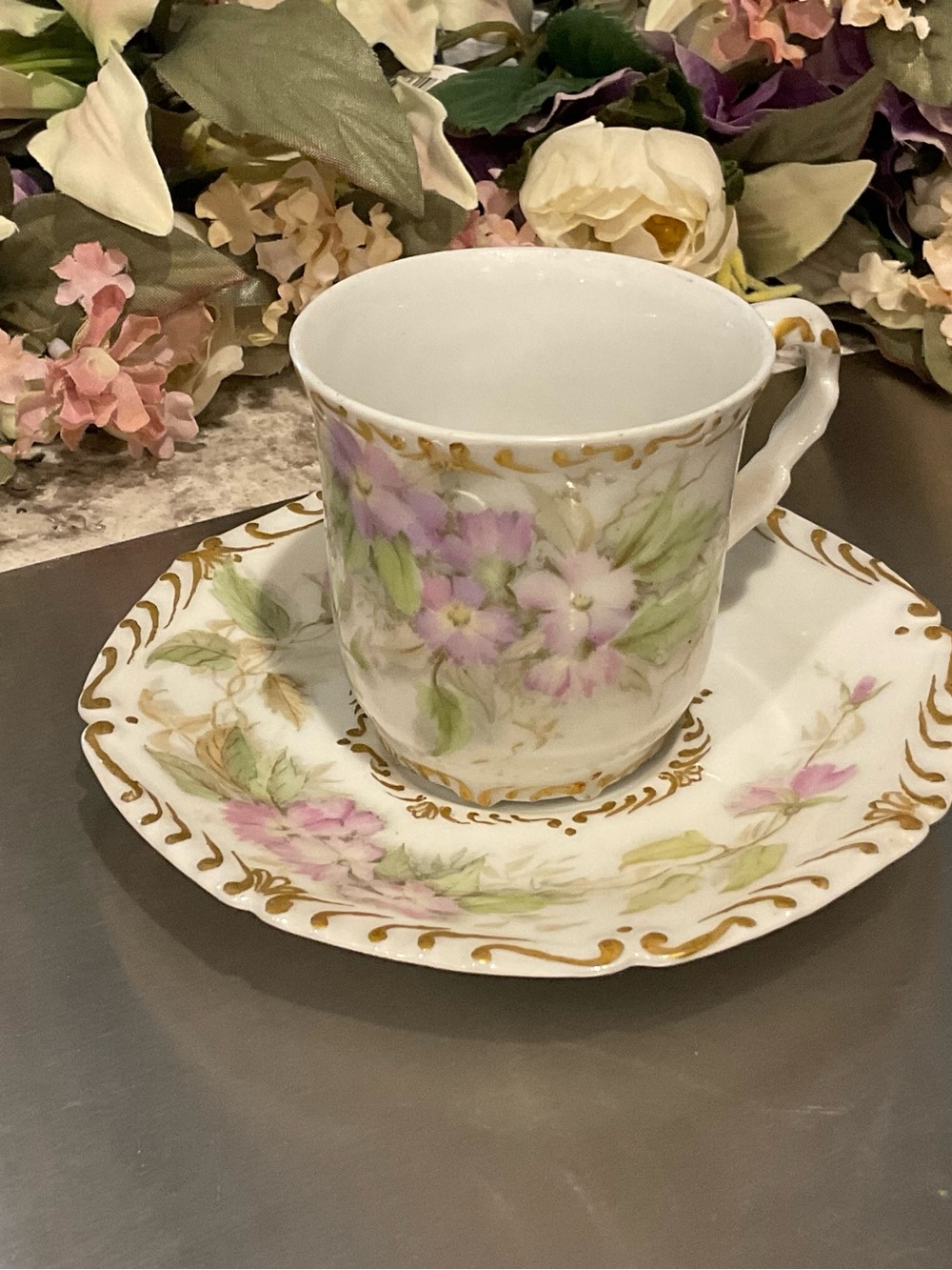 BP-T&V Hand-Painted Floral Porcelain Teacup and Saucer - Pink Floral France-